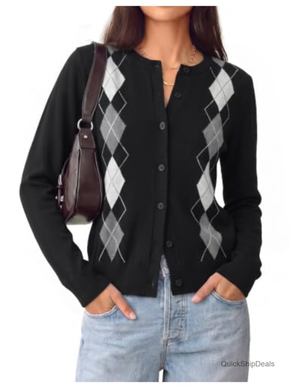 Argyle Cardigan Button Up Crewneck Knit Sweater Teacher Layering